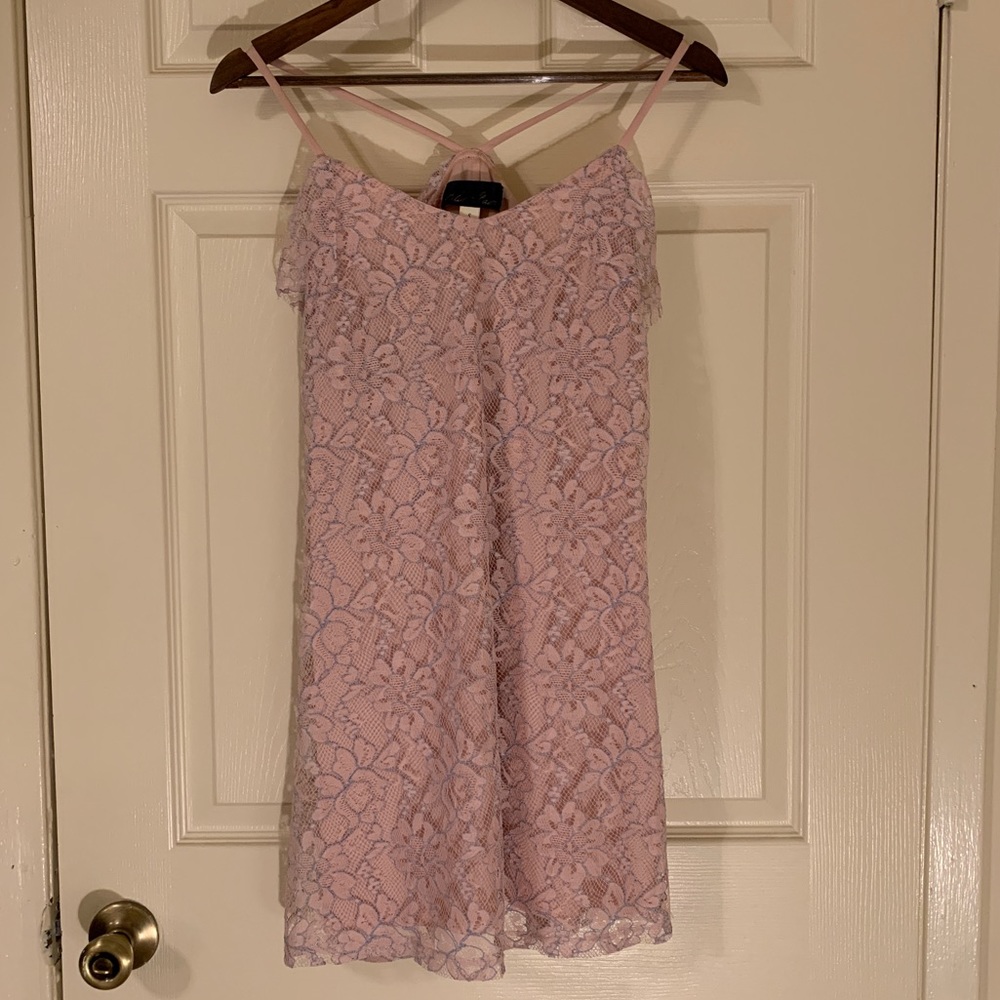 Pink lace mini dress with blue stitching